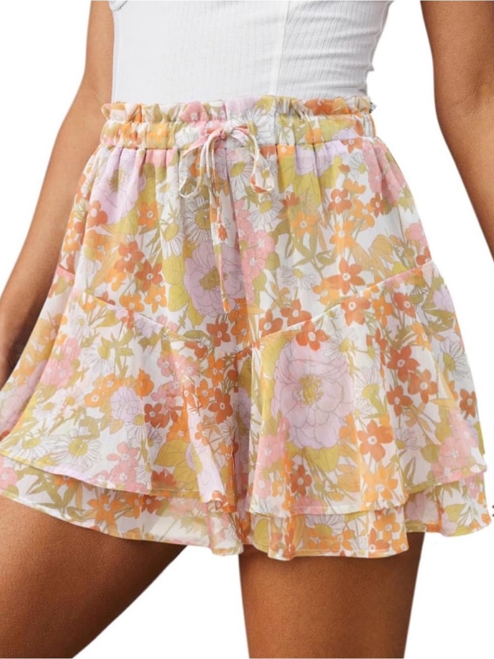 Orange Pink Floral Chiffon Tennis Ruffle Tiered Skort Skirt Shorts L Large